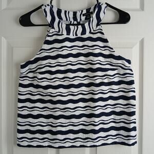 Ann Taylor Back Button Halter Tank Top XS racer neck navy white stripes cotton